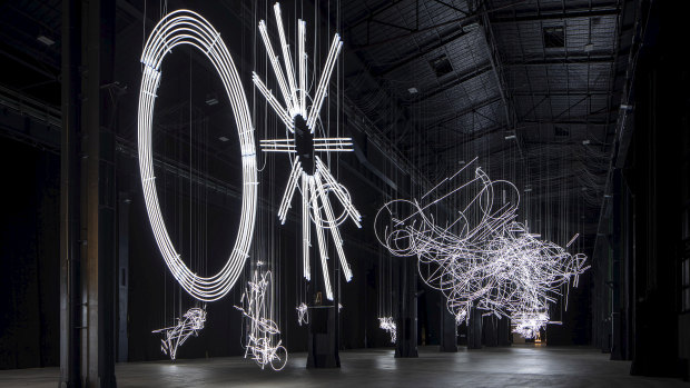 Cerith Wyn Evans, The Illuminating Gas at Pirelli Hangar, Bicocca, Milan, 2019