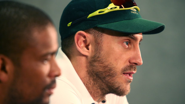 Faf du Plessis addresses the media in 2016.