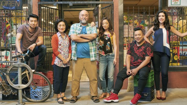 The cast of the Canadian sitcom Kim's Convenience: Simu Liu, Jean Yoon, Paul Sun-Hyung Lee, Andrea Bang, Andrew Phung and Nicole Power.