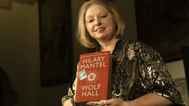 Hilary Mantel with her novel Wolf Hall. 