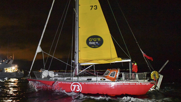 Susie Goodall sailing her Rustler 36 yacht DHL Starlight on her arrival in Hobart on October 30.