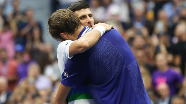 Djokovic and Medvedev embrace after the US Open men’s final, which the Russian won in straight sets.
