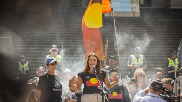 Former Northcote state MP Lidia Thorpe addresses those gathered at Parliament House for Melbourne's Invasion Day rally on Saturday.