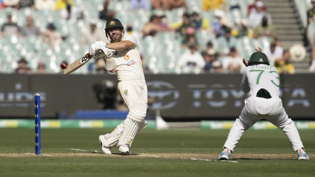 David Warner hooks one away towards the boundary.