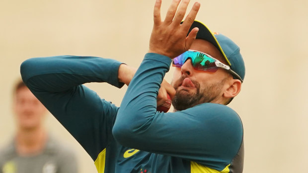 Nathan Lyon bowls at Australian training at the SCG on Wednesday.