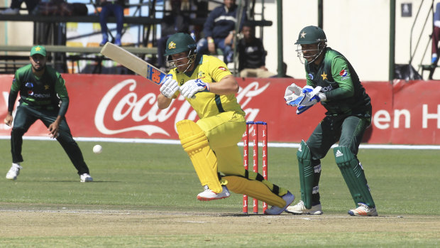 Australian batsman Aaron Finch plays a shot during the T20 cricket match against Pakistan.