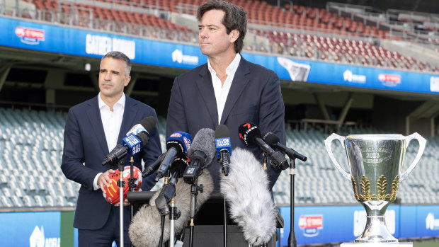 Premier of South Australia Peter Malinauskas with AFL CEO Gillon McLachlan at the launch of Gather Round at Adelaide Oval.