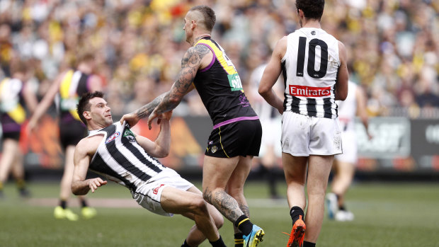 Tagged to distraction: Levi Greenwood and Dustin Martin have gone head-to-head in the past.