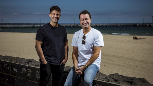 Bondi Sands founders Blair James and Shaun Wilson  at Port Melbourne beach. 