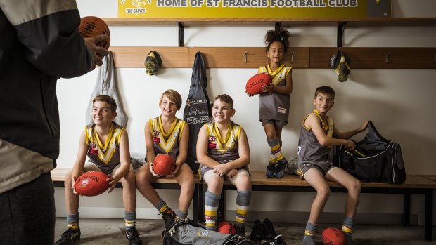 Members of the St Francis Football Club - Ethan (12), Maxwell (11), Samuel (9), Mya (8) and Kyle (12) are looking forward to a return to local footy this weekend.