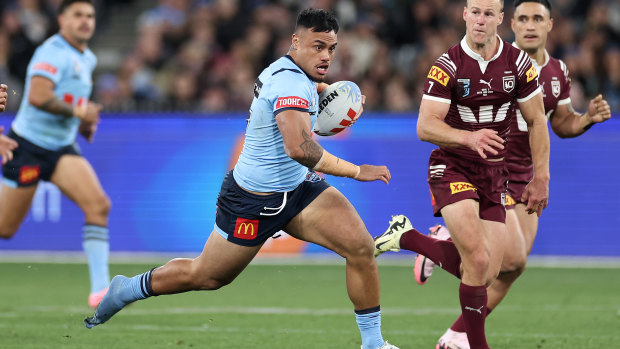 Spencer Leniu makes a charge for the NSW Blues in June.