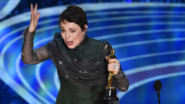 Olivia Colman reacts as she accepts the best actress award at the 2019 Oscars. 