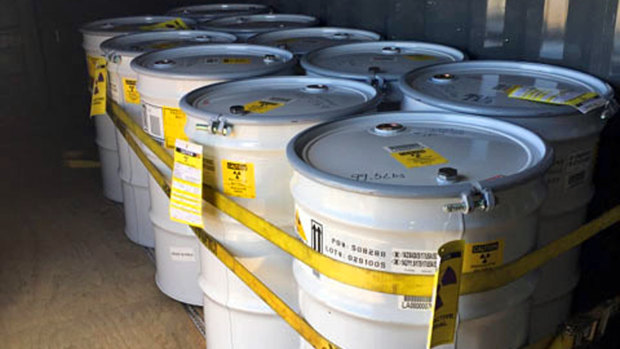 Drums of treated radioactive waste ready for transport to a permanent storage site at Los Alamos National Laboratory in the US.