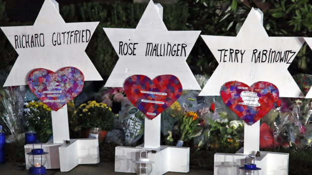 Stars of David with names of those killed at the Tree of Life Synagogue in Pittsburgh at a memorial outside the synagogue.