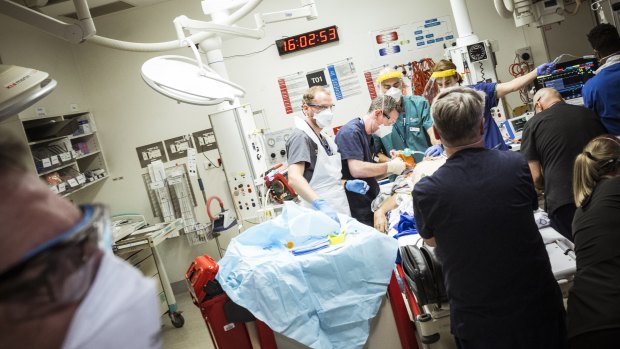 A man brought into the emergency department under cardiac arrest is worked on at the Royal Melbourne Hospital. 