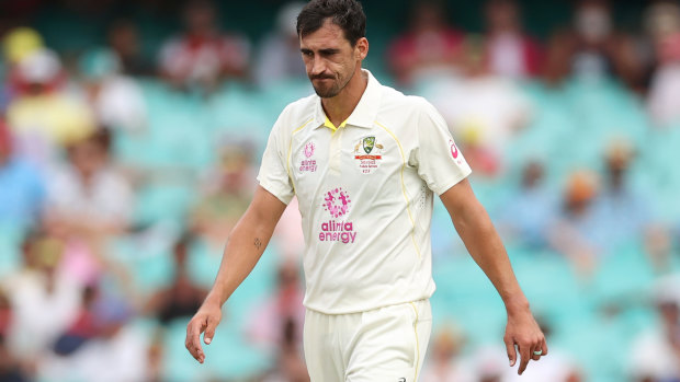 Starc reacts after the non-wicket of Zak Crawley. 