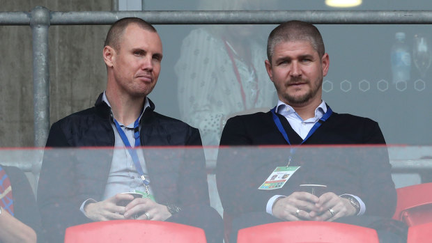 Newcastle Jets coach Carl Robinson, right, with assistant Kenny Miller in the stands watching the Jets last weekend.