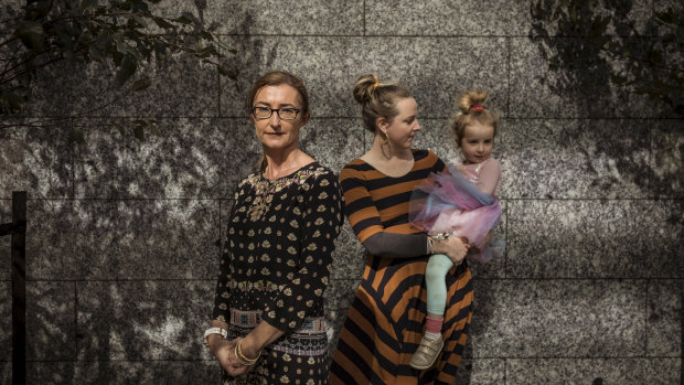 Carina Ford [left], lawyer representing the Tamil family who have been sent to Christmas Island, with family friend Ellen Mugavin and daughter Rumi, 3.
