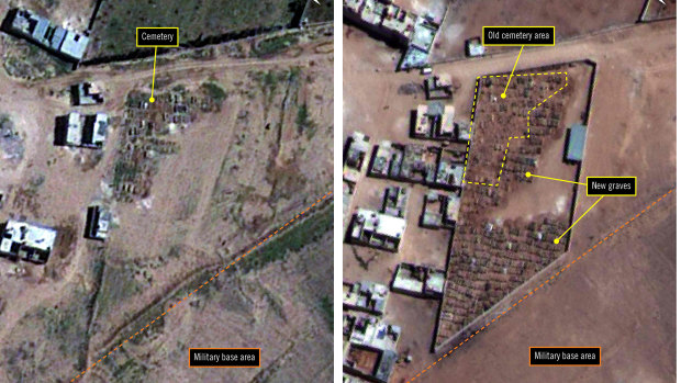 Satellite image provided by Amnesty International shows the military-run Saydnaya Prison, in 2010, left, and 2016, right, near Damascus, Syria. Amnesty International said they show an expanding cemetery, evidence of mass killings there. 