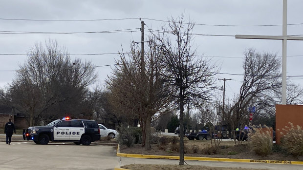 Police secure the area around Congregation Beth Israel synagogue in Colleyville, Texas.