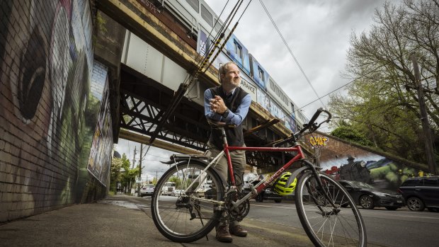 Peter Campbell from the Boroondara Bicycle Users Group, at the railway bridge overpass on Toorak Road, Camberwell.