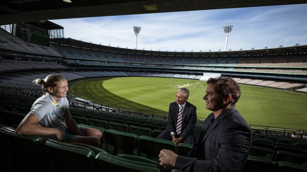 Australian captain Meg Lanning in conversation with MCC president Michael Happell and artist Vincent Fantauzzo, who will be painting a portrait of the T20 World Cup-winning team to be displayed at the MCG. 