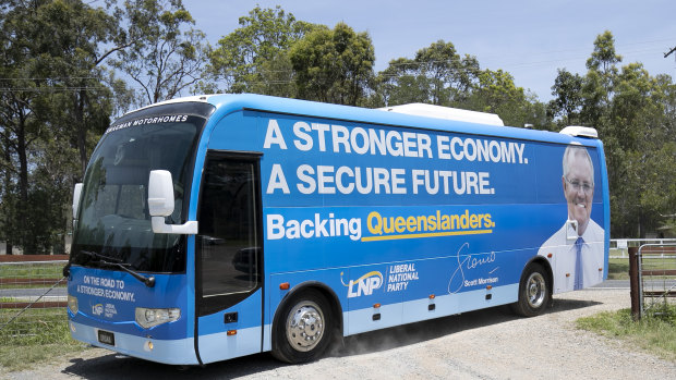 Scott Morrison's bus during a visit to a strawberry farm in southeast Queensland, last Monday.