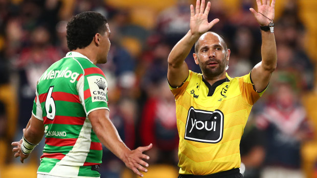 Cody Walker argues with referee Ashley Klein after he sin-binned Latrell Mitchell for a tackle on Joseph Manu late last season.