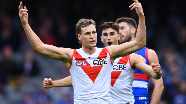 Jordan Dawson celebrates a goal against the Bulldogs