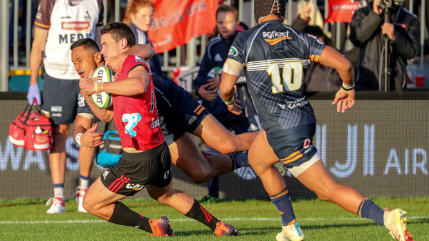 The Brumbies and Crusaders, seen here clashing in 2019, are potential finalists in a trans-Tasman tournament. 