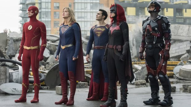 Grant Gustin as The Flash, Melissa Benoist as Supergirl, Tyler Hoechlin as Superman, Ruby Rose as Batwoman and Brandon Routh as Atom in the Crisis on Infinite Earths crossover TV event.