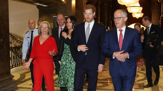Lucy Turnbull, Meghan Markle, Prince Harry and Prime Minister Malcolm Turnbull at the Invictus Games event at Australia House in London.