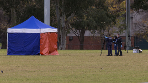 Police established a crime scene after a woman's body was found on the soccer pitch in Princes Park just before 3am on Wednesday.