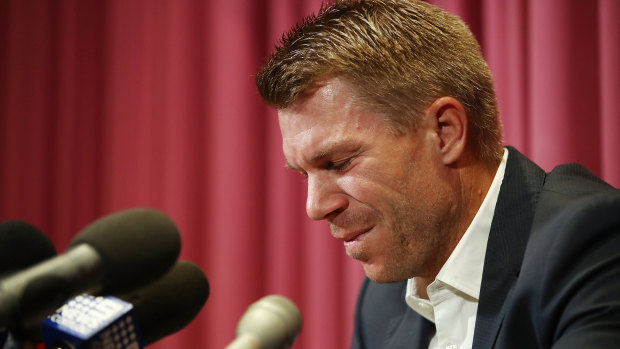 David Warner fronts the media at the height of the ball-tampering scandal.