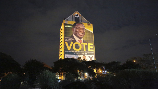 A portrait of Zimbabwe's new leader, Emmerson Mnangagwa is seen at the ruling party headquarters in Harare.