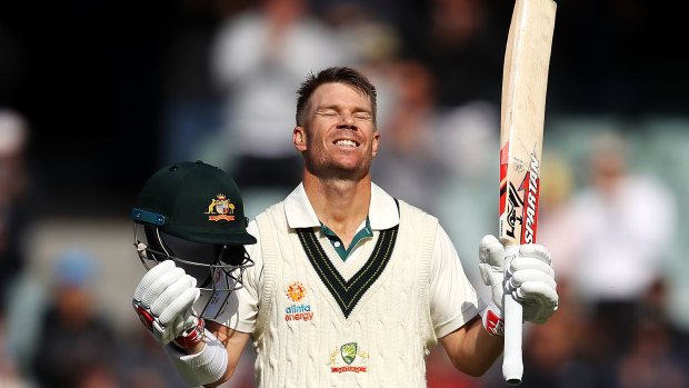 David Warner celebrates reaching his triple century.