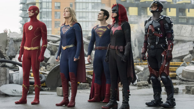 Superfriends: The Flash (Grant Gustin), Supergirl (Melissa Benoist), Superman (guest star Tyler Hoechlin), Batwoman (Ruby Rose) and Atom (Brandon Routh).