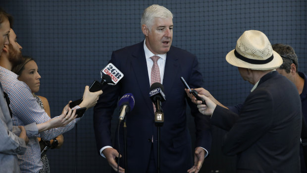 Rugby Australia chairman Cameron Clyne talks to the media after the 2019 annual general meeting.