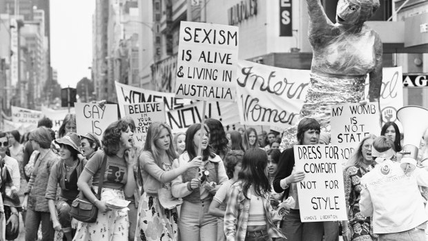 Women march in Melbourne for International Women’s Day in 1975.