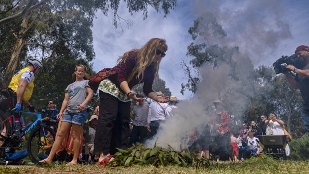 Members of the public gathered for a cleansing ceremony at Ceres, near Merri Creek, on Saturday.