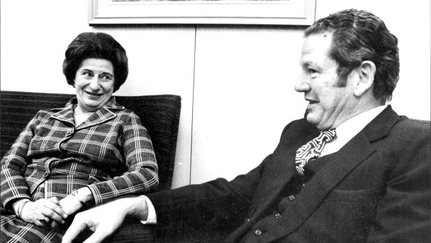 (L) Australia's First Woman Ambassador Miss Ruth. L. Dobson and Minister for Foreign Affairs Senator D. Willesee at Dept. of Foreign Affairs in Canberra. April 16, 1974. 