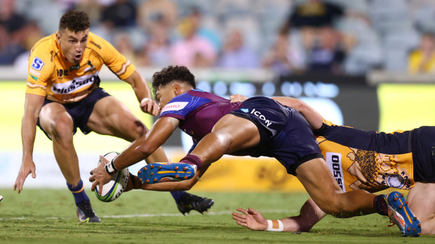 Jordan Petaia scores a try against the Brumbies in round four.
