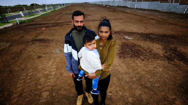 Upasna Murti with husband Navnesh Nand and son Aarnav Nand standing on the land they bough in Werribee. 