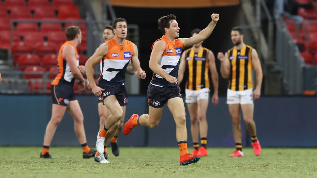 Toby Greene celebrates kicking a goal in the Giants' big win over the Hawks. 