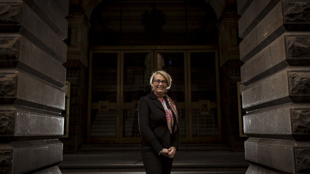 Melbourne's newly-elected lord mayor Sally Capp outside Melbourne Town Hall on Saturday.