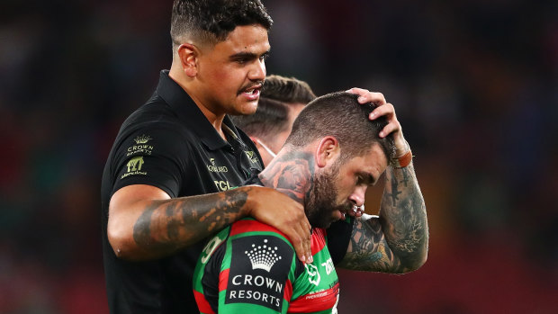 Latrell Mitchell comforts Adam Reynolds after last year’s grand final loss to Penrith.