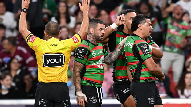 Cody Walker celebrates the Rabbitohs’ first try.