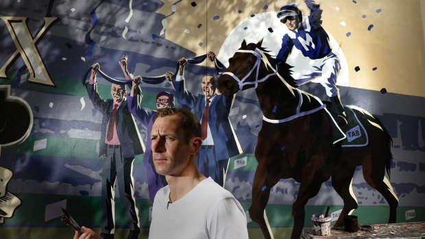 Final masterpiece: Hugh Bowman in front of the Winx mural in Sydney.