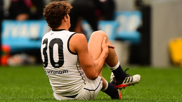 Grounded: Curnow hurt his knee against the Dockers in mid-2019 and hasn’t played since.