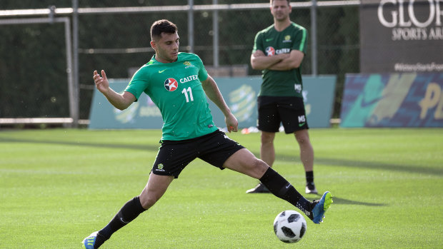 True blue: Andrew Nabbout trains with the Socceroos in Turkey.